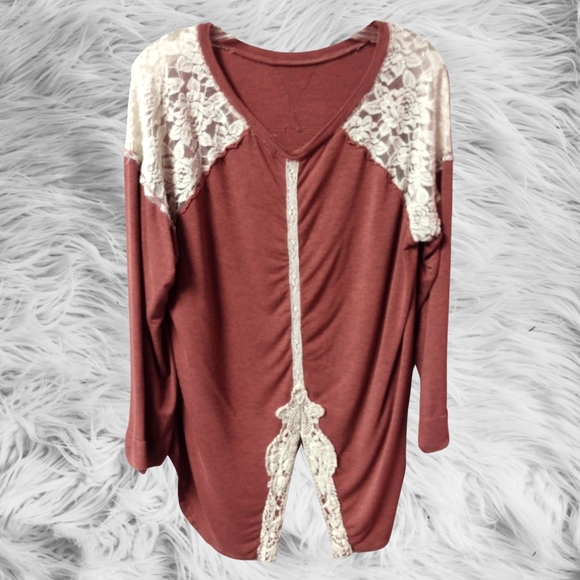 Rewind Tops - AB) Rewind Plus Size 2X Maroon Lace Shoulder & Back Blouse